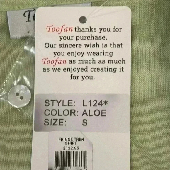 Toofan size small, aloe colored linen shirt, NWT - Picture 7 of 10